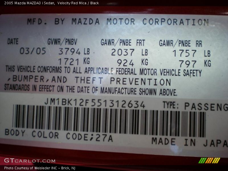 Velocity Red Mica / Black 2005 Mazda MAZDA3 i Sedan