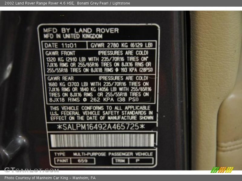 2002 Range Rover 4.6 HSE Bonatti Grey Pearl Color Code 659