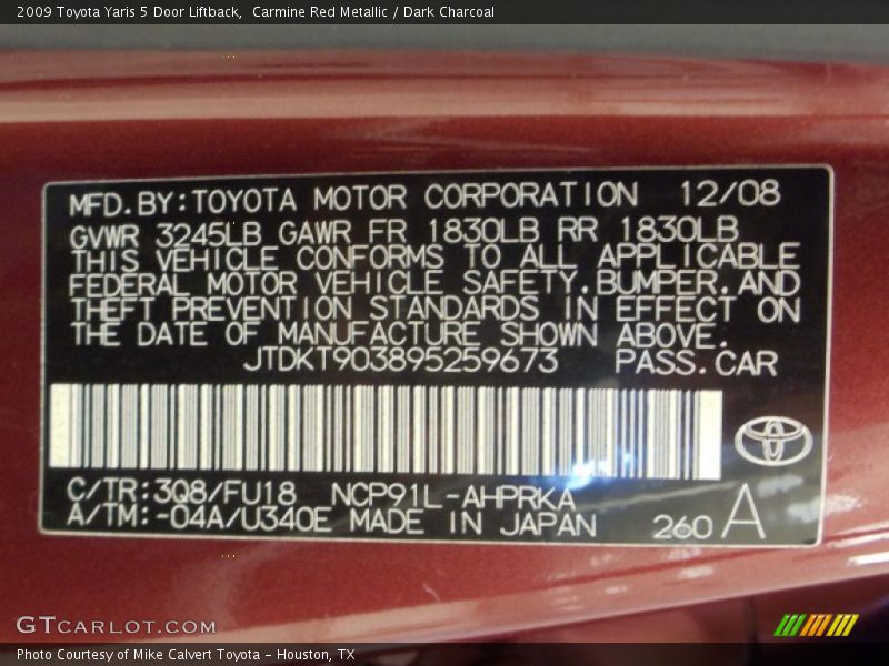 2009 Yaris 5 Door Liftback Carmine Red Metallic Color Code 3Q8