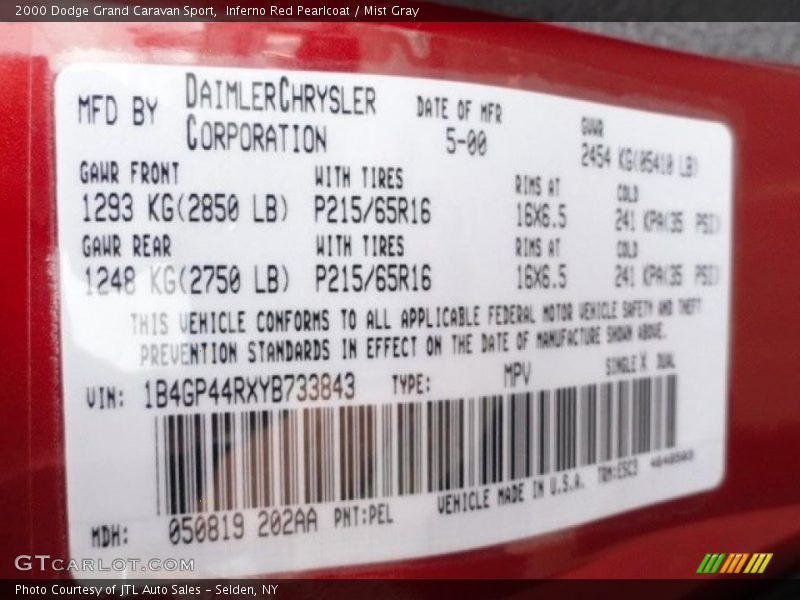 2000 Grand Caravan Sport Inferno Red Pearlcoat Color Code PEL