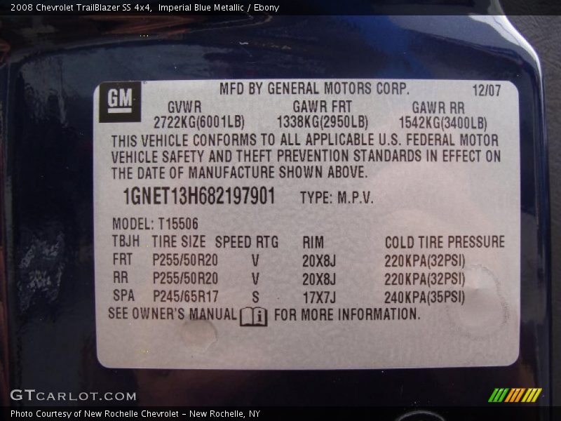 Info Tag of 2008 TrailBlazer SS 4x4