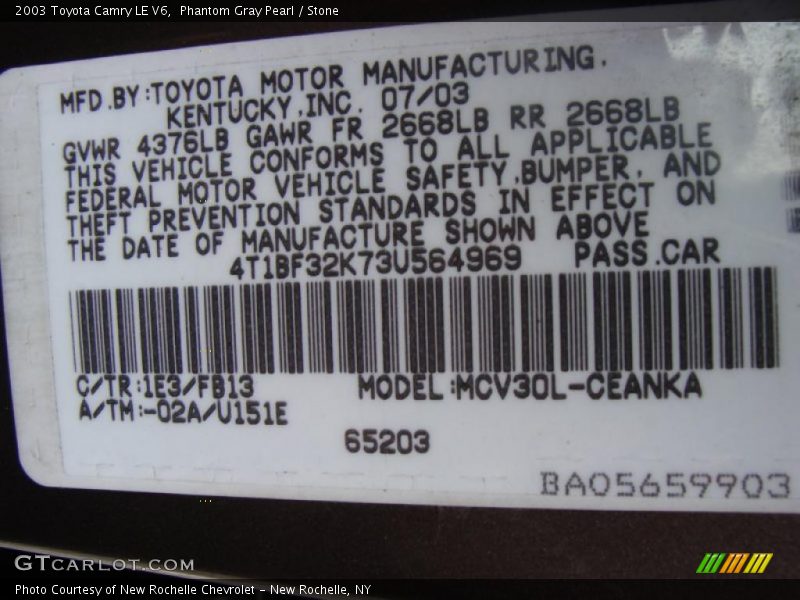 2003 Camry LE V6 Phantom Gray Pearl Color Code 1E3