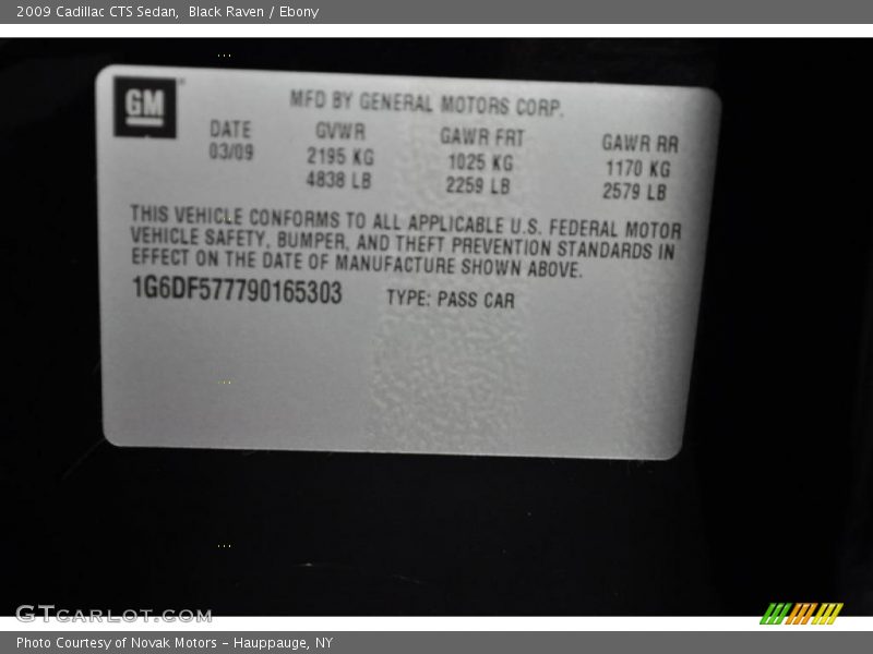 Info Tag of 2009 CTS Sedan