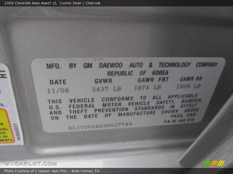 Info Tag of 2009 Aveo Aveo5 LS