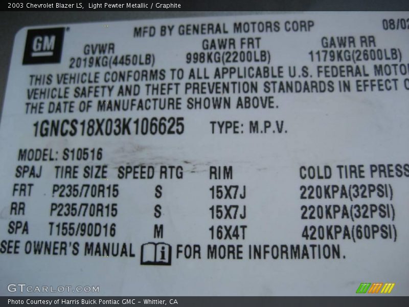 Light Pewter Metallic / Graphite 2003 Chevrolet Blazer LS