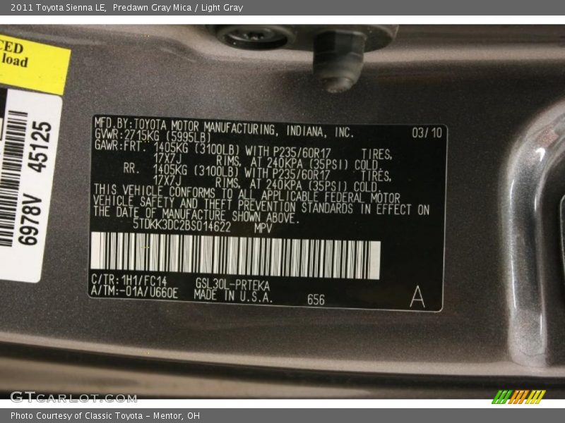 Predawn Gray Mica / Light Gray 2011 Toyota Sienna LE