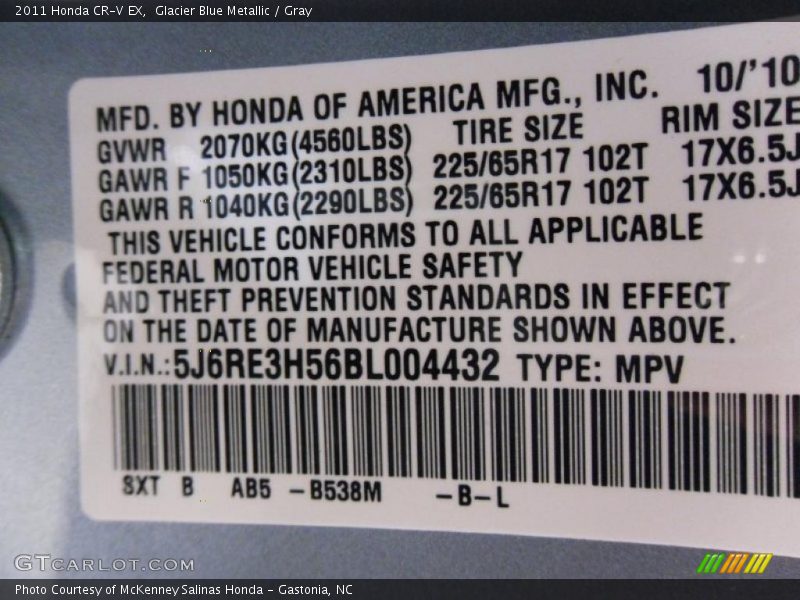 Glacier Blue Metallic / Gray 2011 Honda CR-V EX