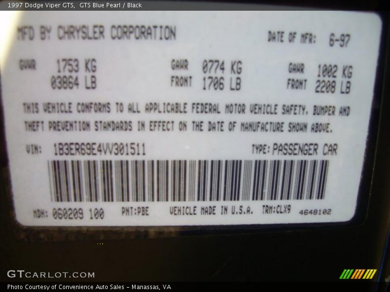 1997 Viper GTS GTS Blue Pearl Color Code PBE