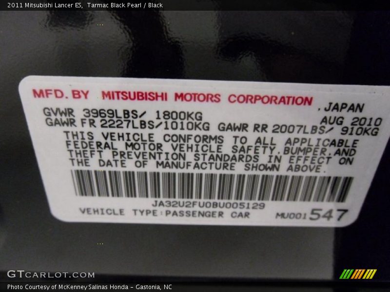 Tarmac Black Pearl / Black 2011 Mitsubishi Lancer ES