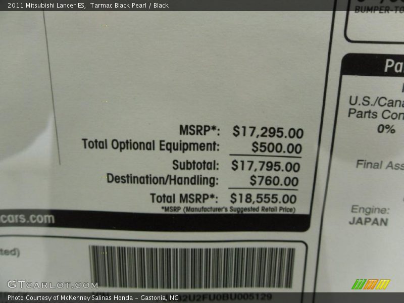Tarmac Black Pearl / Black 2011 Mitsubishi Lancer ES