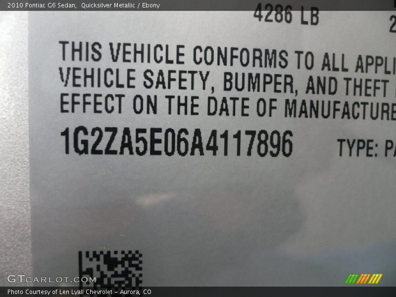 Quicksilver Metallic / Ebony 2010 Pontiac G6 Sedan
