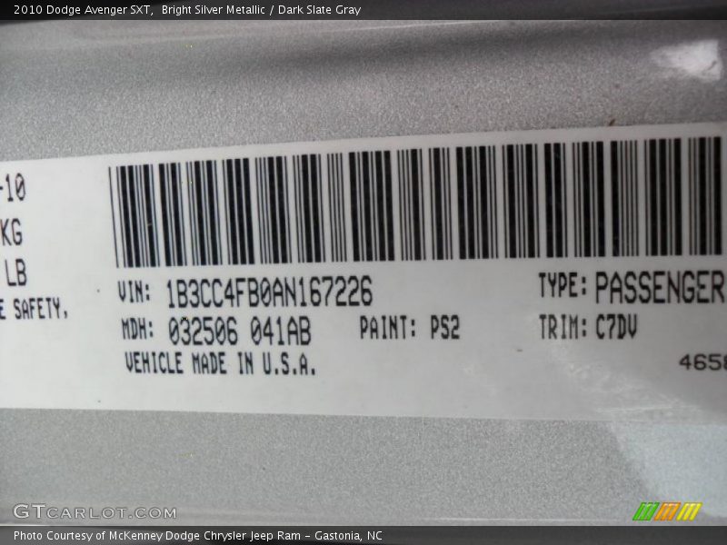 Bright Silver Metallic / Dark Slate Gray 2010 Dodge Avenger SXT
