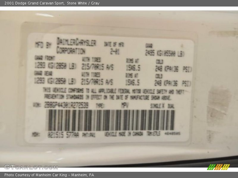 Stone White / Gray 2001 Dodge Grand Caravan Sport