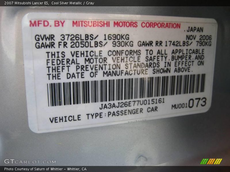 Cool Silver Metallic / Gray 2007 Mitsubishi Lancer ES