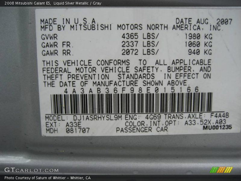 Liquid Silver Metallic / Gray 2008 Mitsubishi Galant ES