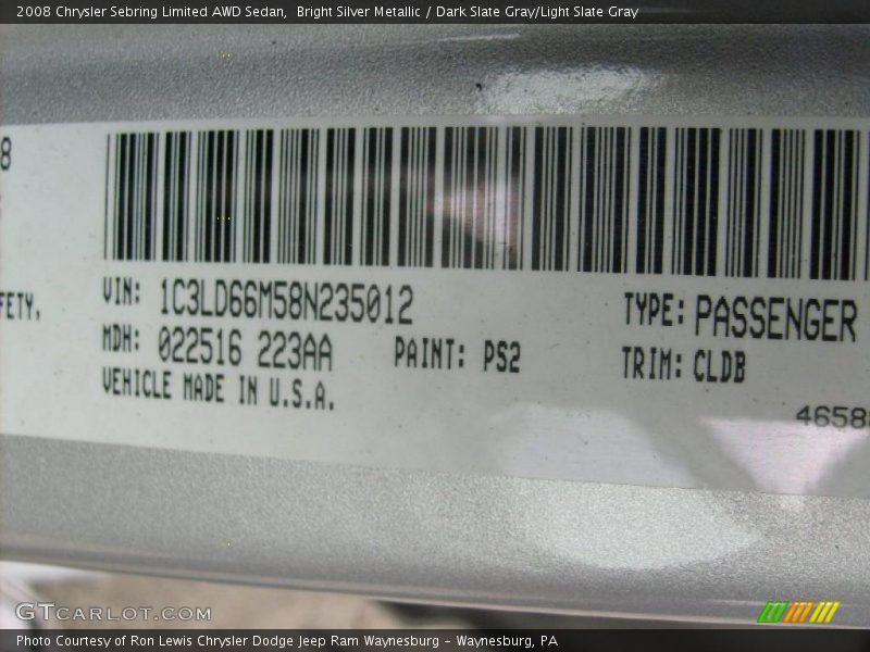Bright Silver Metallic / Dark Slate Gray/Light Slate Gray 2008 Chrysler Sebring Limited AWD Sedan