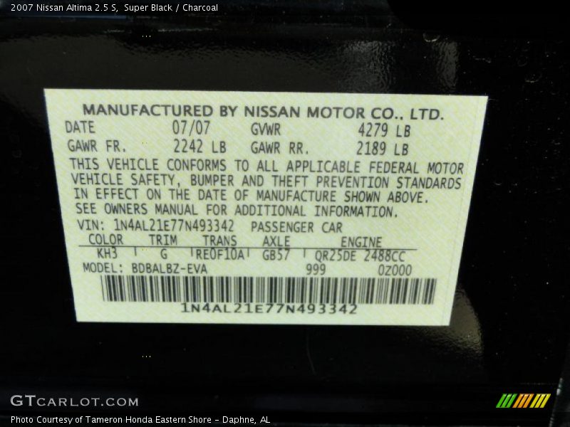 Super Black / Charcoal 2007 Nissan Altima 2.5 S
