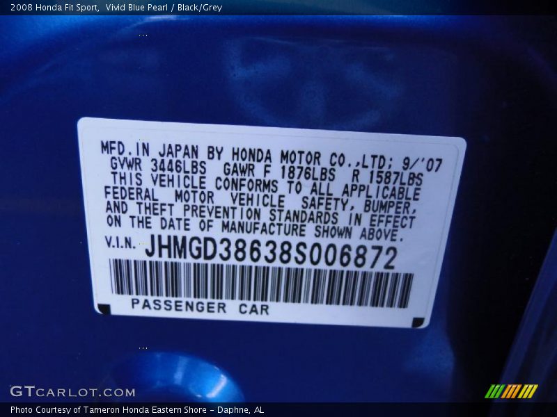 Vivid Blue Pearl / Black/Grey 2008 Honda Fit Sport