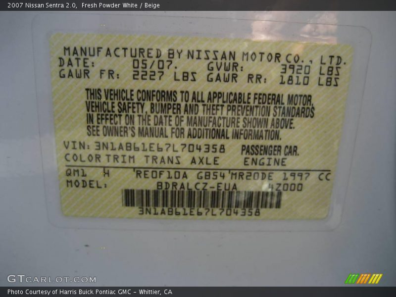 Fresh Powder White / Beige 2007 Nissan Sentra 2.0
