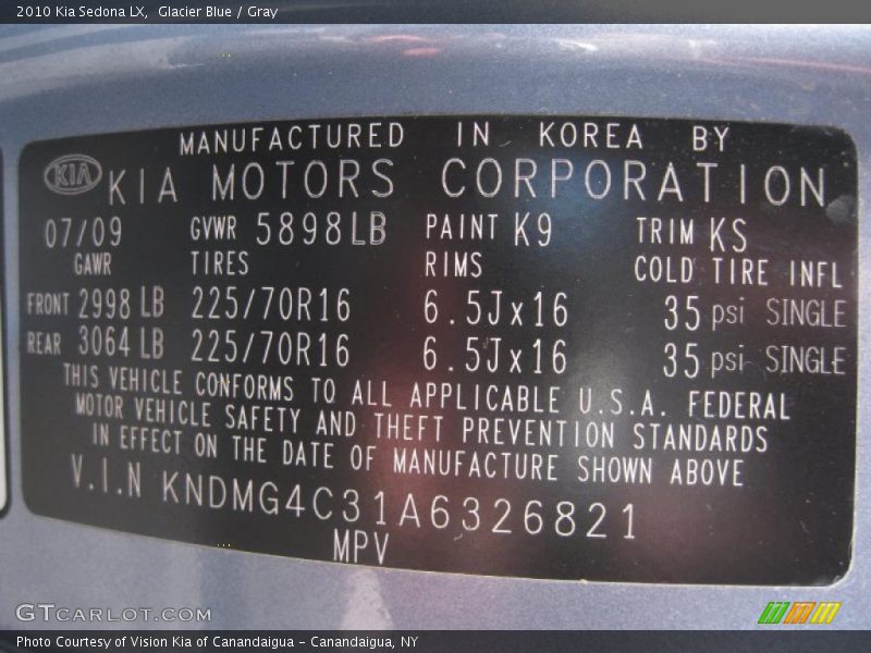 Glacier Blue / Gray 2010 Kia Sedona LX