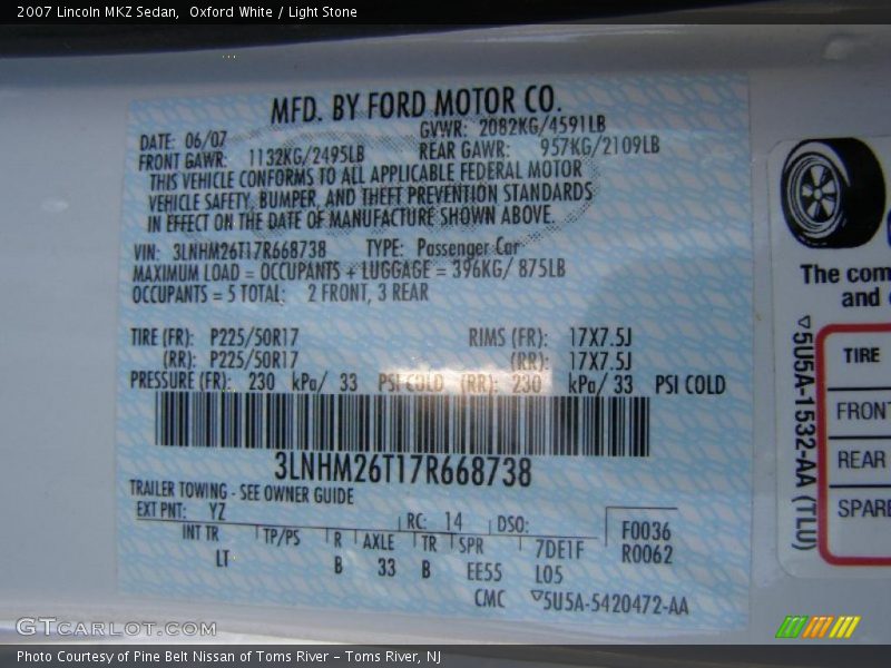 Oxford White / Light Stone 2007 Lincoln MKZ Sedan