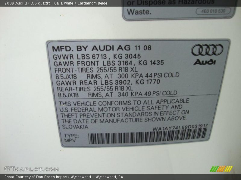 Info Tag of 2009 Q7 3.6 quattro