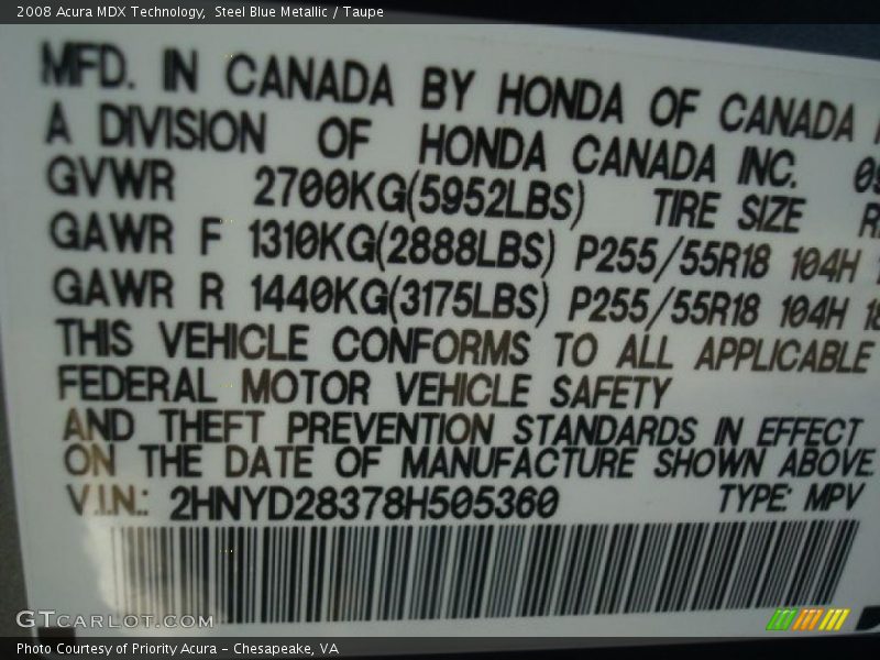 Steel Blue Metallic / Taupe 2008 Acura MDX Technology