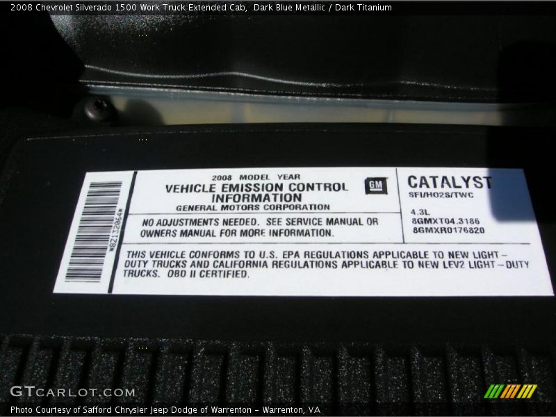 Info Tag of 2008 Silverado 1500 Work Truck Extended Cab
