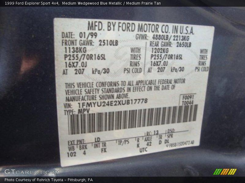 1999 Explorer Sport 4x4 Medium Wedgewood Blue Metallic Color Code LD