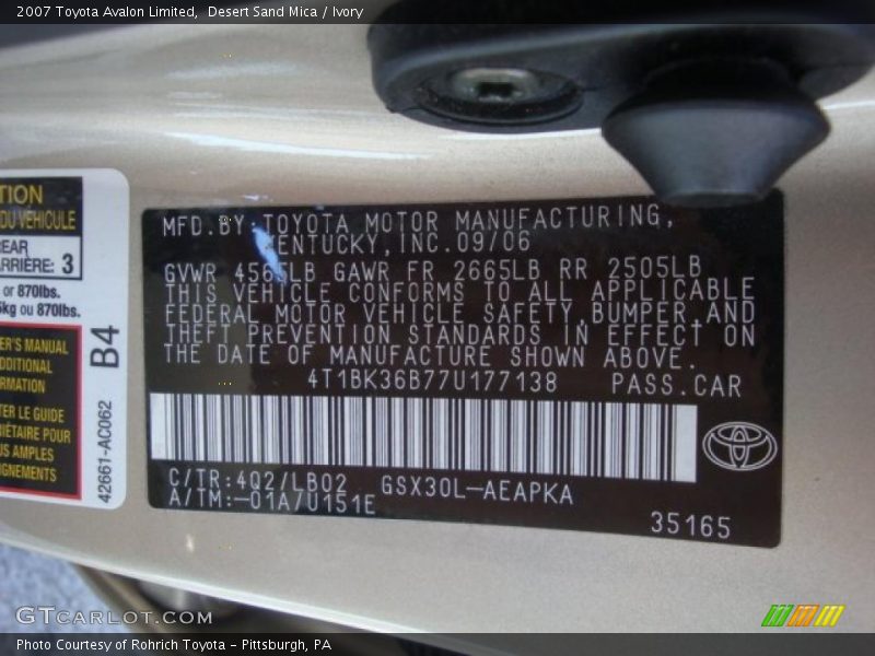 Desert Sand Mica / Ivory 2007 Toyota Avalon Limited