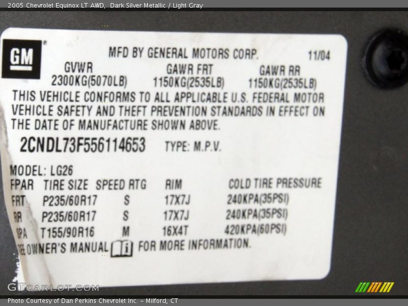 Info Tag of 2005 Equinox LT AWD