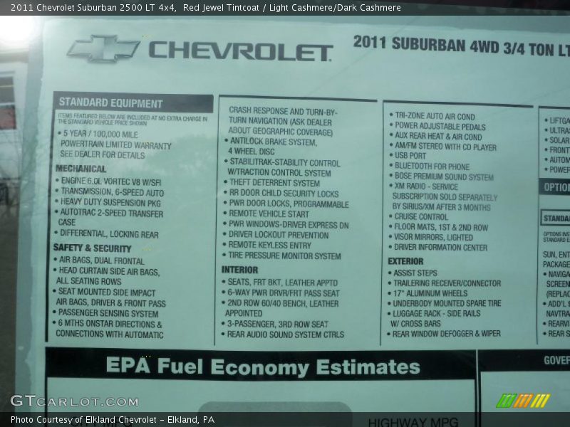 2011 Suburban 2500 LT 4x4 Window Sticker