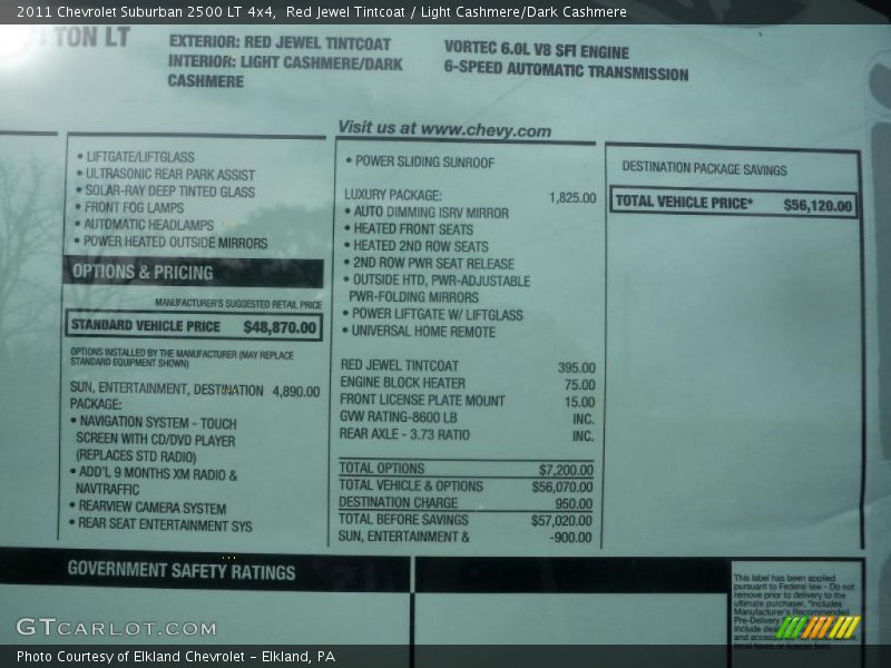  2011 Suburban 2500 LT 4x4 Window Sticker