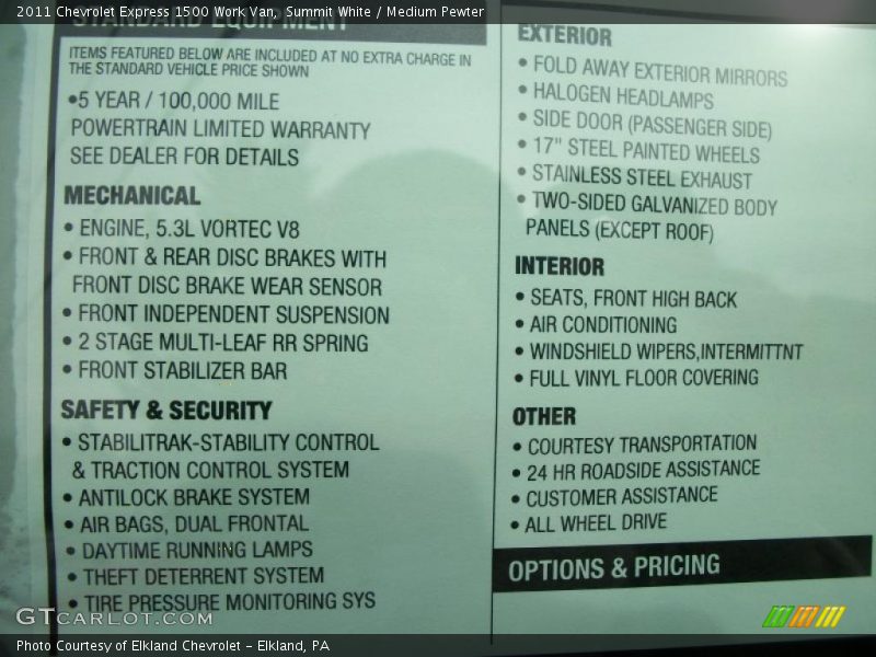  2011 Express 1500 Work Van Window Sticker