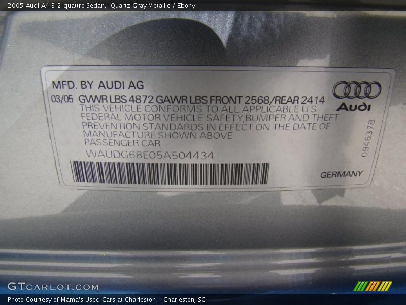 Quartz Gray Metallic / Ebony 2005 Audi A4 3.2 quattro Sedan