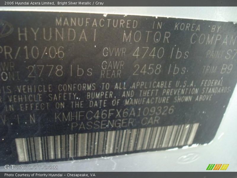 Bright Silver Metallic / Gray 2006 Hyundai Azera Limited