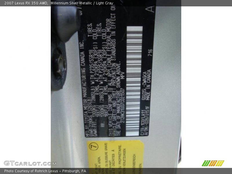 Millennium Silver Metallic / Light Gray 2007 Lexus RX 350 AWD