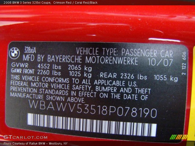 Info Tag of 2008 3 Series 328xi Coupe