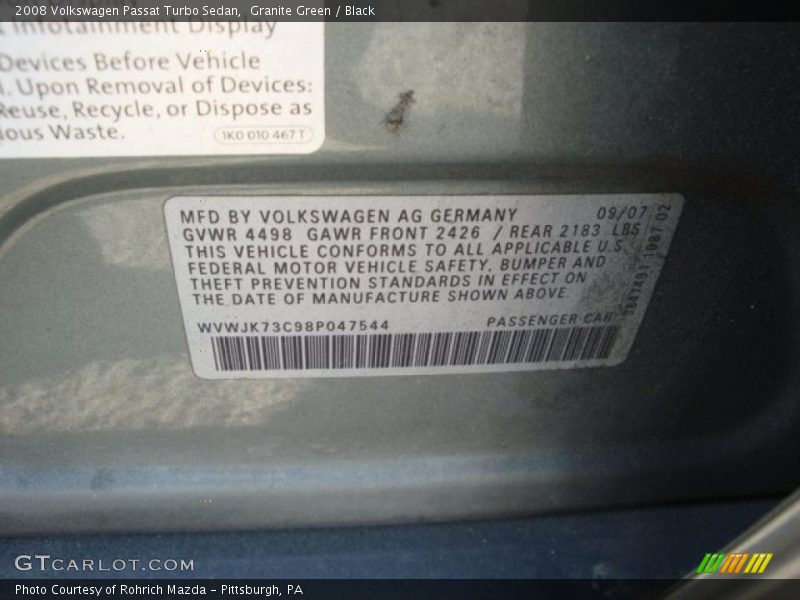 Granite Green / Black 2008 Volkswagen Passat Turbo Sedan