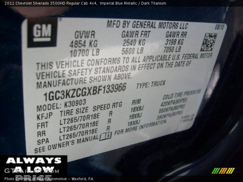 Imperial Blue Metallic / Dark Titanium 2011 Chevrolet Silverado 3500HD Regular Cab 4x4