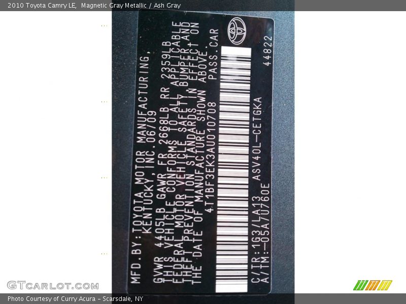 2010 Camry LE Magnetic Gray Metallic Color Code 1G3
