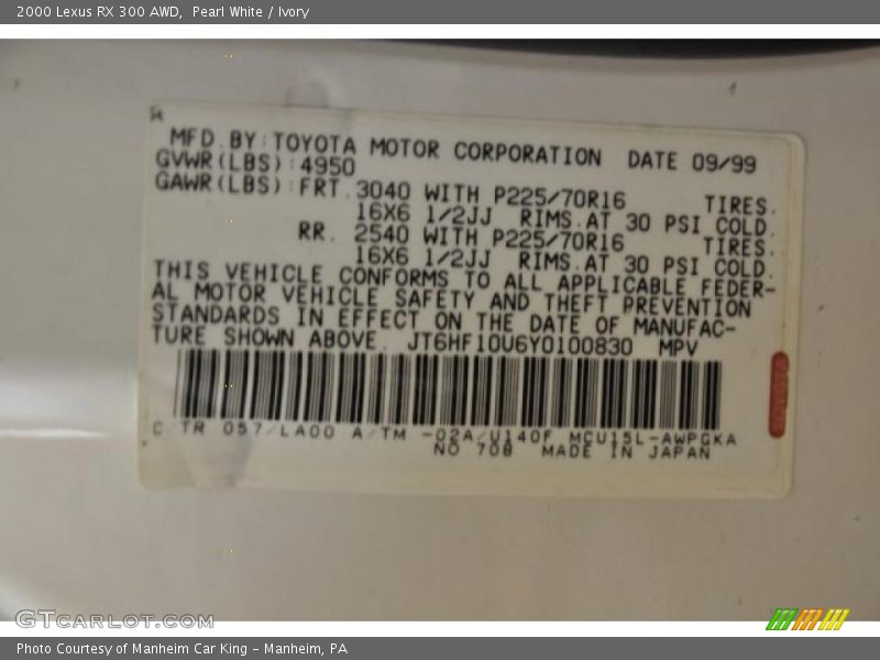 Pearl White / Ivory 2000 Lexus RX 300 AWD