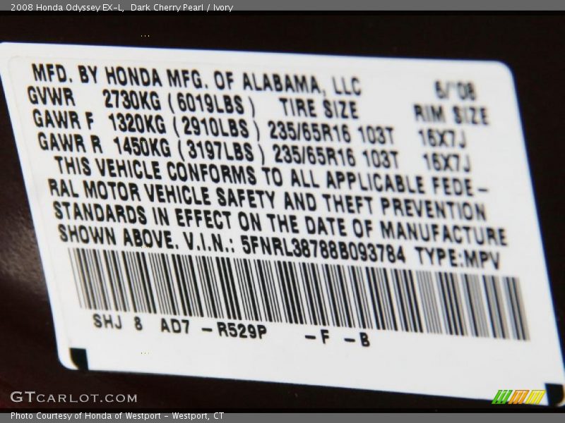 2008 Odyssey EX-L Dark Cherry Pearl Color Code R529P