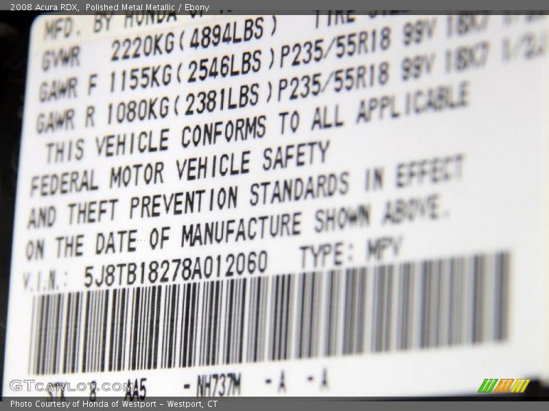 2008 RDX  Polished Metal Metallic Color Code NH737M