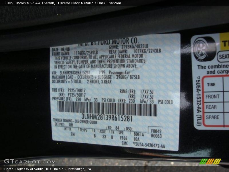 2009 MKZ AWD Sedan Tuxedo Black Metallic Color Code UH