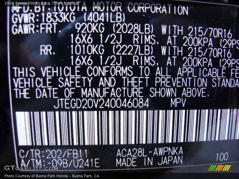 2004 RAV4  Black Color Code 202