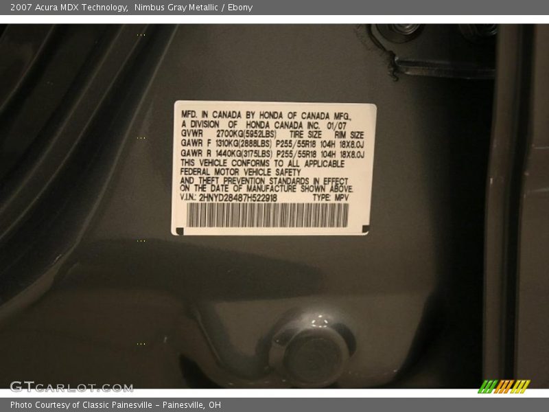 Nimbus Gray Metallic / Ebony 2007 Acura MDX Technology