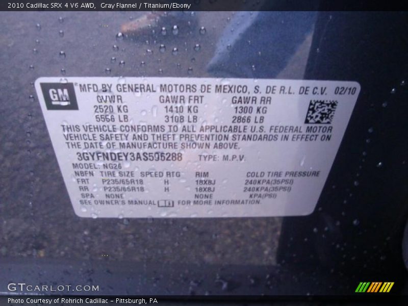 Info Tag of 2010 SRX 4 V6 AWD