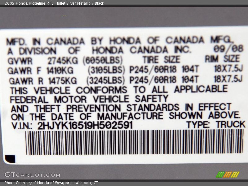 Billet Silver Metallic / Black 2009 Honda Ridgeline RTL