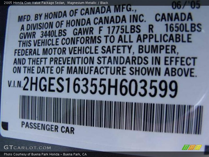 Magnesium Metallic / Black 2005 Honda Civic Value Package Sedan